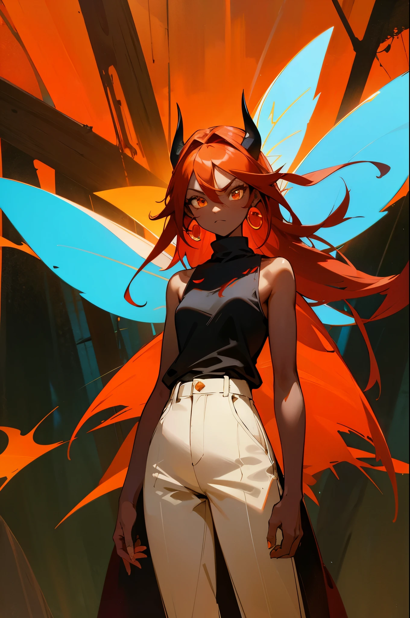 fairy, woman, fairy wings, dark skin, red hair, long hair, orange highlights, yellow horns, red aura,serious face, light yellow eyes, cowboy shot, black tanktop, black pants, red earrings, standing in front of camera, staring at camera, forest background, african american, black skin, red jacket, mature woman,faced towards camera, 