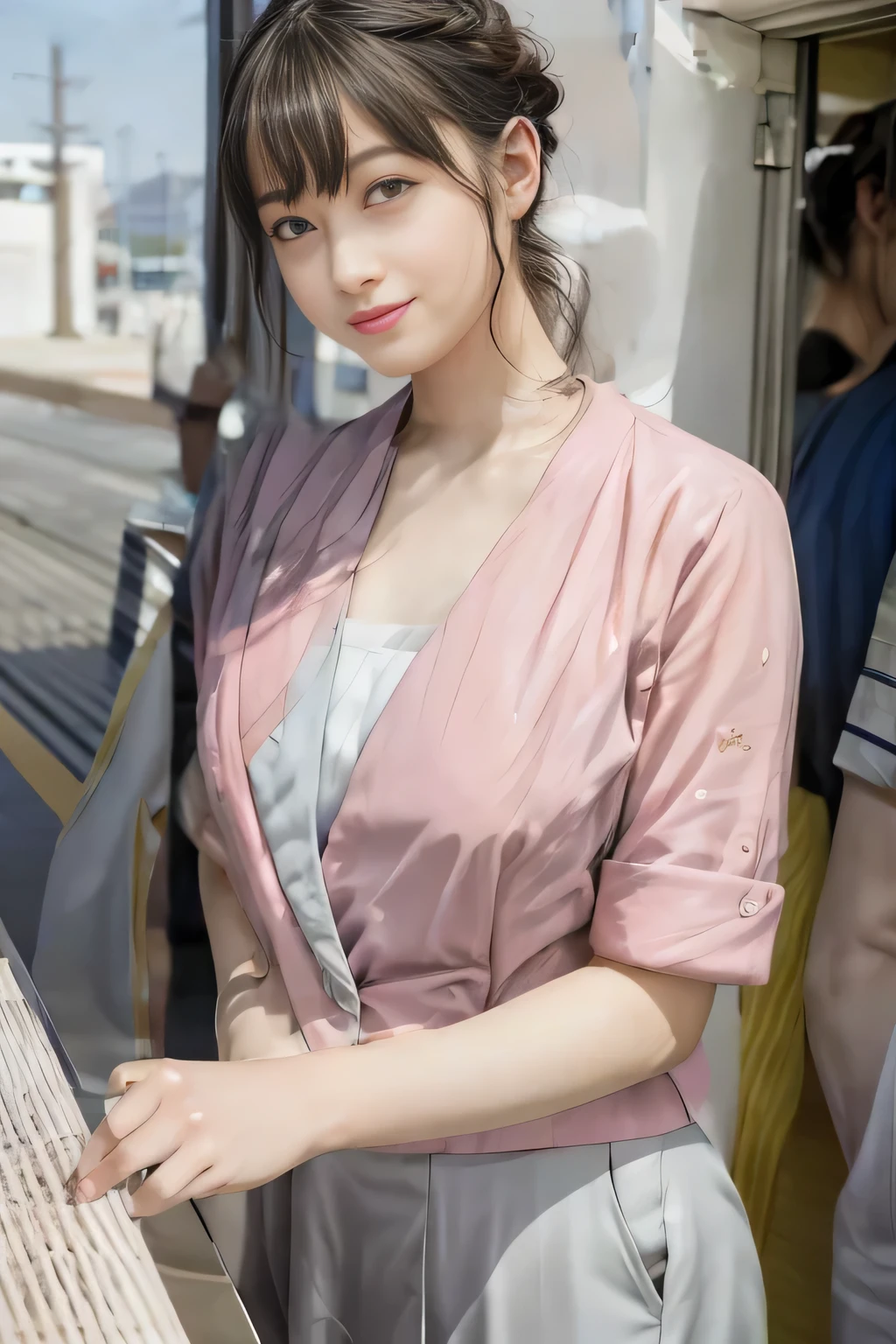 (masterpiece:1.2, Highest quality:1.2), 32k HDR, High resolution, (alone、1 girl)、（On the roof of a building in the daytime、Professional Lighting）、Building rooftop background、（Nankai train crew uniform pinkを着たリアルスタイル）、（Nankai Railway crew uniform, pink, short sleeve, collarless, pink jacket、No-collar short-sleeve blouse、Grey knee-length culottes）、（（The bottom of the pink short-sleeved jacket cannot be tucked into the clay-colored culottes..））、Dark brown hair、（Hair tied up、Chignon）、Dark brown hair、Long Shot、Big Breasts、Thin legs、（（Great hands：2.0）），（（Harmonious body proportions：1.5）），（（Normal limbs：2.0）），（（Normal finger：2.0）），（（Delicate eyes：2.0）），（（Normal eyes：2.0））)、smile、（A beautiful figure showing off the Nankai Railway crew uniform）、Bring your hands down