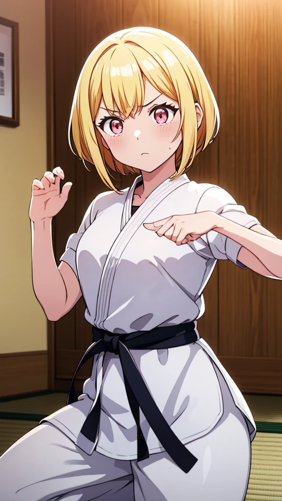 ((masterpiece, Highest quality, Very detailed, Very nice 8K CG wallpaper)), , A little thick, Medium Hair, Light yellow hair with a hint of pink, short hair, Pale pink eyes,judo player、長袖judo着、Large bust、ロングjudoパンツ、judo、Serious expression、Inside the judo Gymnasium、、On the tatami、discovery、One Girl、Ready for battle、A tough fight、Saki Tenma、Bust Size D Cup、Sweating