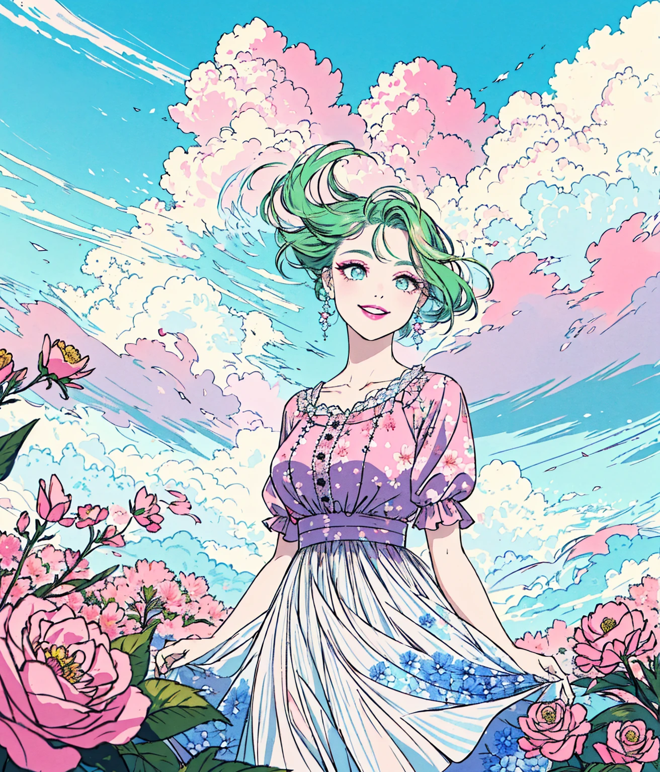 "obra prima, extremely high quality, 1 garota de cabelos longos, sorridente, , flawless makeup, pink lips, cabelos loiros, olhos verdes, vestido rosa, in a flowery setting in the foreground and blue sky with clouds, Vestido longo rosa."