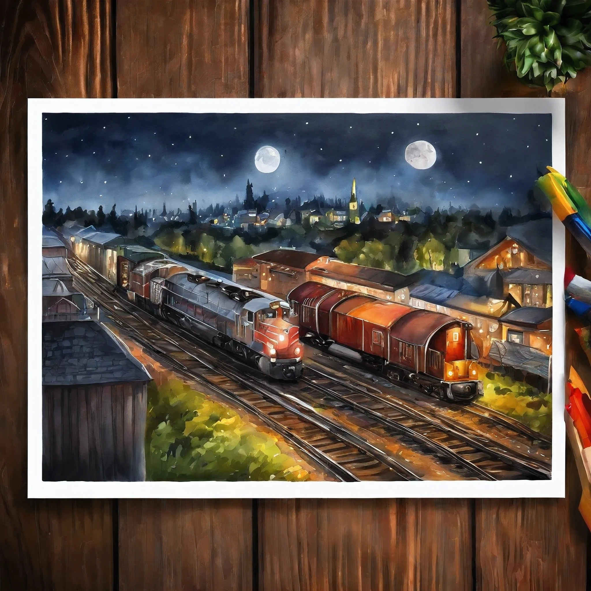 (Tilt-Shift:1.4),Midnight Crossing, night train, (highly colorful, Best Quality, detaileds, masutepiece, Cinematic lighting, 4K, Chiaroscuro)