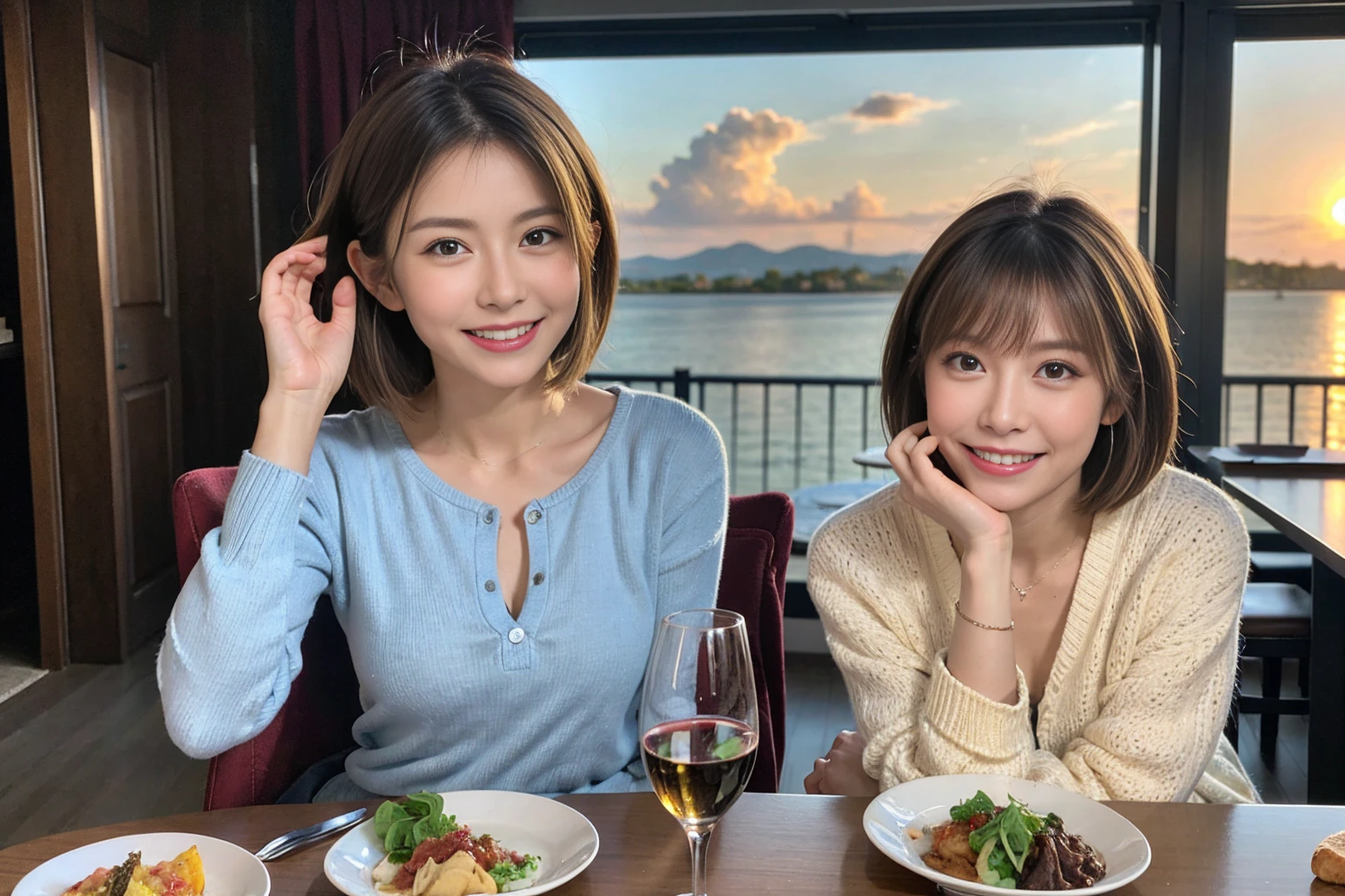(Realistic:1.1),(masterpiece,Highest quality),8k,(49 years old), 53 years old, ベリーslimボディ、slimカップル、Tight waist,Upper Body,full-course dinner、wine 、Amazing view of the sunset sky and clouds、Perfect Anatomy, Brown Hair, short hair,Random Hairstyles,((Highly detailed face and eyes:1.2)),Perfect golden ratio face,Long sleeve shirt、dress,(smile:1.2)、Shortcuts、cute、(Realistic, Intricate details:1.2), A bright smile、short hair,Bright Face、赤wine 、Appetizers、Italian food、wine bottle、Champagne、スパークリングwine、(slimな顔), (The body is slim), (Brown Hair), (Shortcuts), Upper Body, 白wine, slim, wineグラス,
