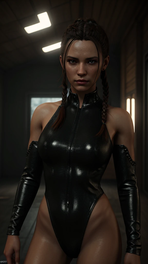 a beautiful woman with narrowed eyes, smirking expression, black braided hair, wearing an intricate ornate chrome bodysuit, assassin, hyperrealistic, cinematic lighting, dramatic pose, masterpiece, photorealistic, intricate details, chiaroscuro lighting, dynamic composition, moody atmosphere, dark and gritty, highly detailed, volumetric lighting, hyper detailed, cinematic quality, photorealistic, unreal engine, 8k, daz studio, cinematic rendering