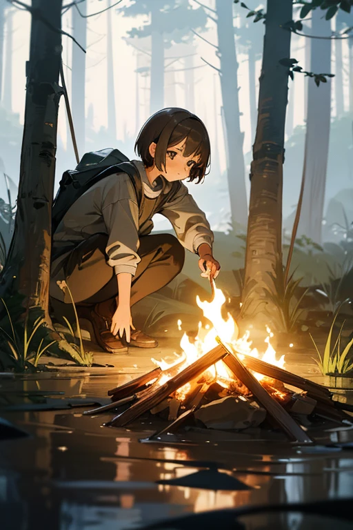(One_16 years_girl)++,Light_brown_short_Bob_hair_girl,girl camping on the riverbank ,Set up a tent ,Boil water over a bonfire,Highest_quality,masterpiece,Ultra_detailed,