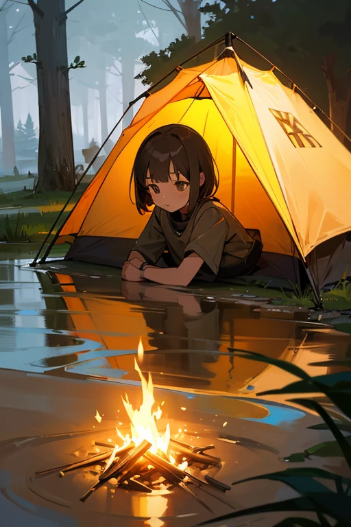 (One_16 years_girl)++,Light_brown_short_Bob_hair_girl,girl camping on the riverbank ,Set up a tent ,Boil water over a bonfire,Highest_quality,masterpiece,Ultra_detailed,