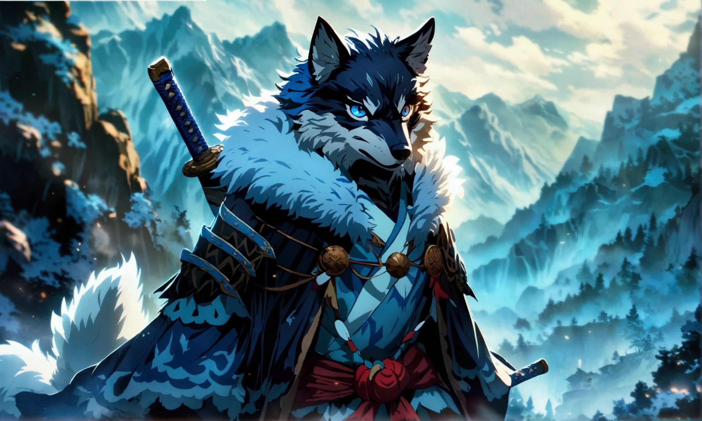 Humanoid wolf, blue fur, vibrant blue eyes, white swordsman's cloak with blue details, serious gaze, blue katana on the back, night mountain background, "Anime character design inspired by One Piece, full of dramatic and impressive lighting, focus on the centralized character, impressive face, full of creative details, ultra-fine 4K design, scenery bathed in creativity, boasting 2D anime resolution clarity, HD anime graphics, high-octane rendering"
