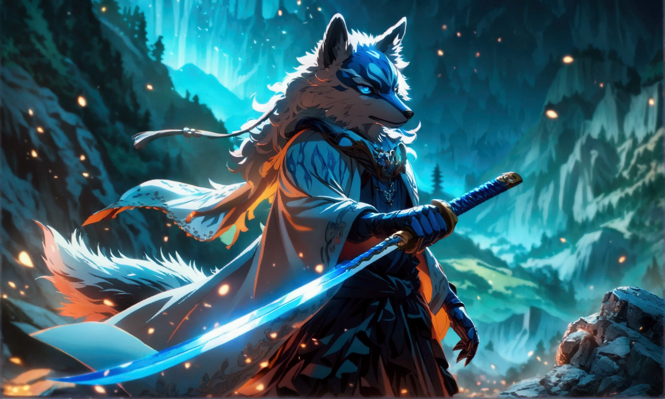 Humanoid wolf, blue fur, vibrant blue eyes, white swordsman's cloak with blue details, serious gaze, blue katana on the back, night mountain background, "Anime character design inspired by One Piece, full of dramatic and impressive lighting, focus on the centralized character, impressive face, full of creative details, ultra-fine 4K design, scenery bathed in creativity, boasting 2D anime resolution clarity, HD anime graphics, high-octane rendering"