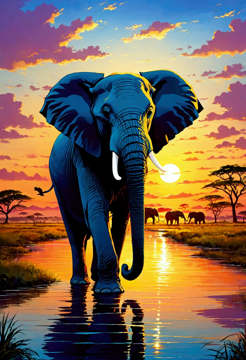 Savannah、african elephant、evening