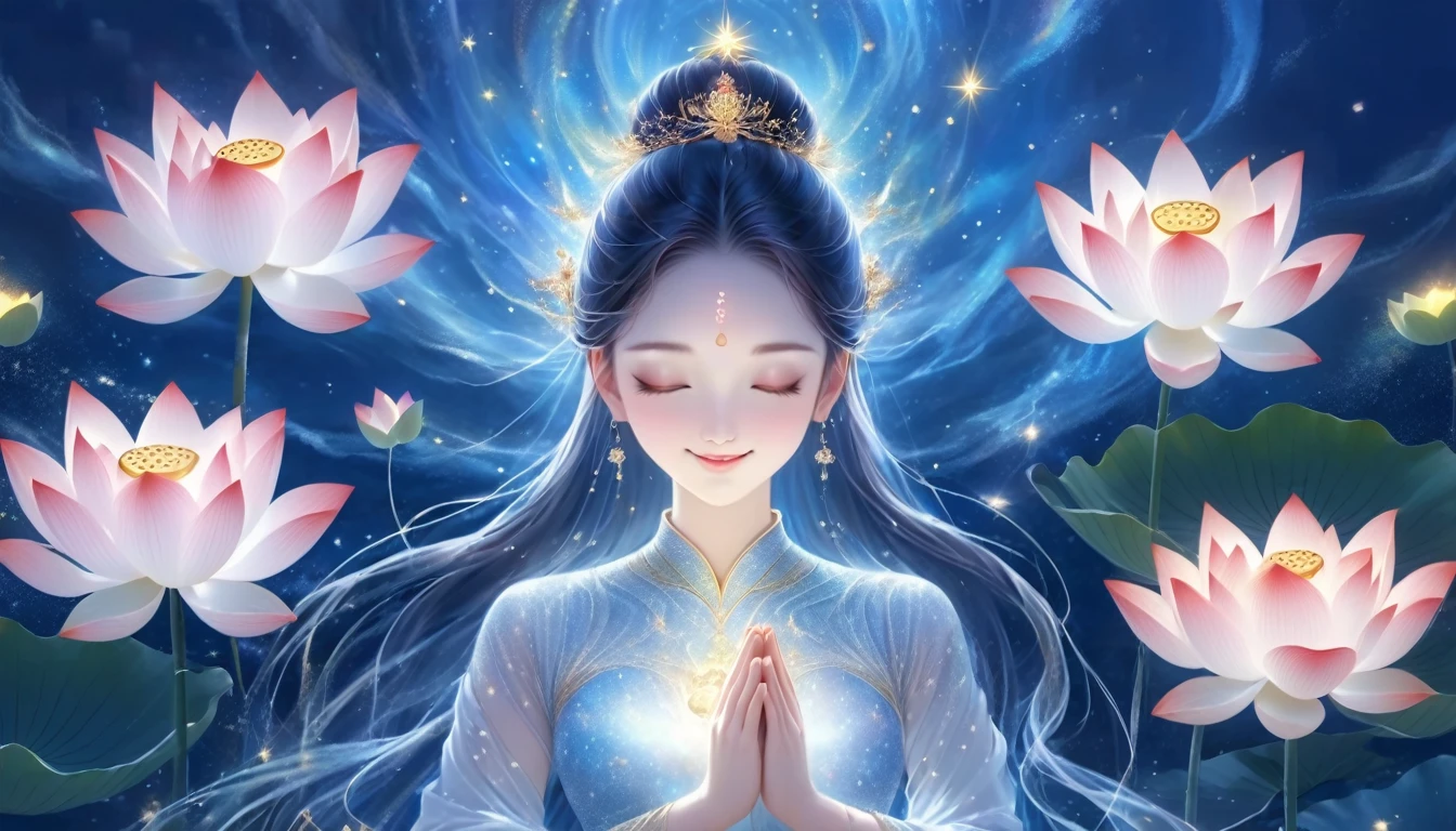 highest quality,masterpiece:1.2,detailed details,The beautiful young god gently closed his eyes,smile softly. She clasped her hands in prayer and meditation. She wore a white dress,Stars sparkle in the blue night sky, you sit on a lotus,In a fantastic atmosphere,You feel as if you are one with the universe. HD, 8K