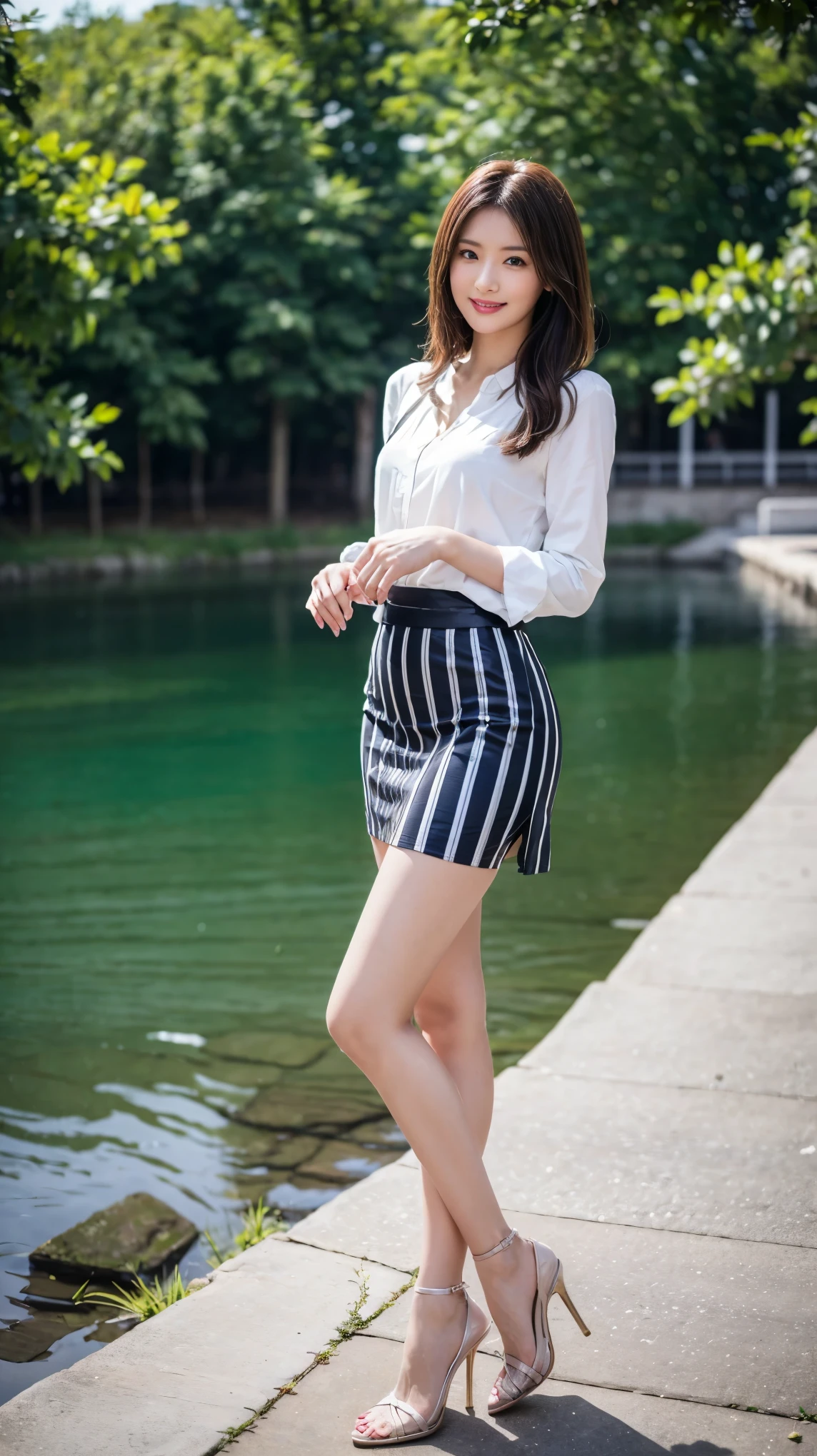 ((masterpiece)),(((Highest quality))),A low-angle shot that highlights her beautiful thighs and crotch:1.5,Long legs,The best smile:1.5，Slim figure:1.5，whole body:1.5，(One Girl:1.3),(Viewer Display:1.4)，(Pointy high heels:1.3),(Standing with legs wide apart by the lake:1.2),(Wearing a striped long skirt dress:1.2),Long Curly Hair:1.5，