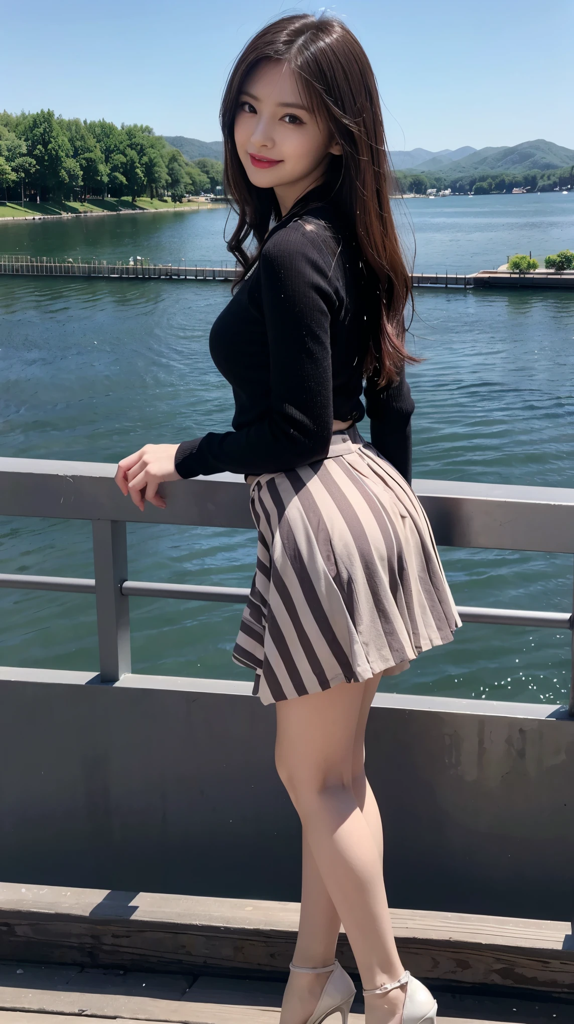 ((masterpiece)),(((Highest quality))),A low-angle shot that highlights her beautiful thighs and crotch:1.5,Long legs,The best smile:1.5,Slim figure:1.5,whole body:1.5,(One Girl:1.3),(Viewer Display:1.4),(Pointy high heels:1.3),(Standing with legs wide apart by the lake:1.2),(Wearing a striped long skirt dress:1.2),Long Curly Hair:1.5,