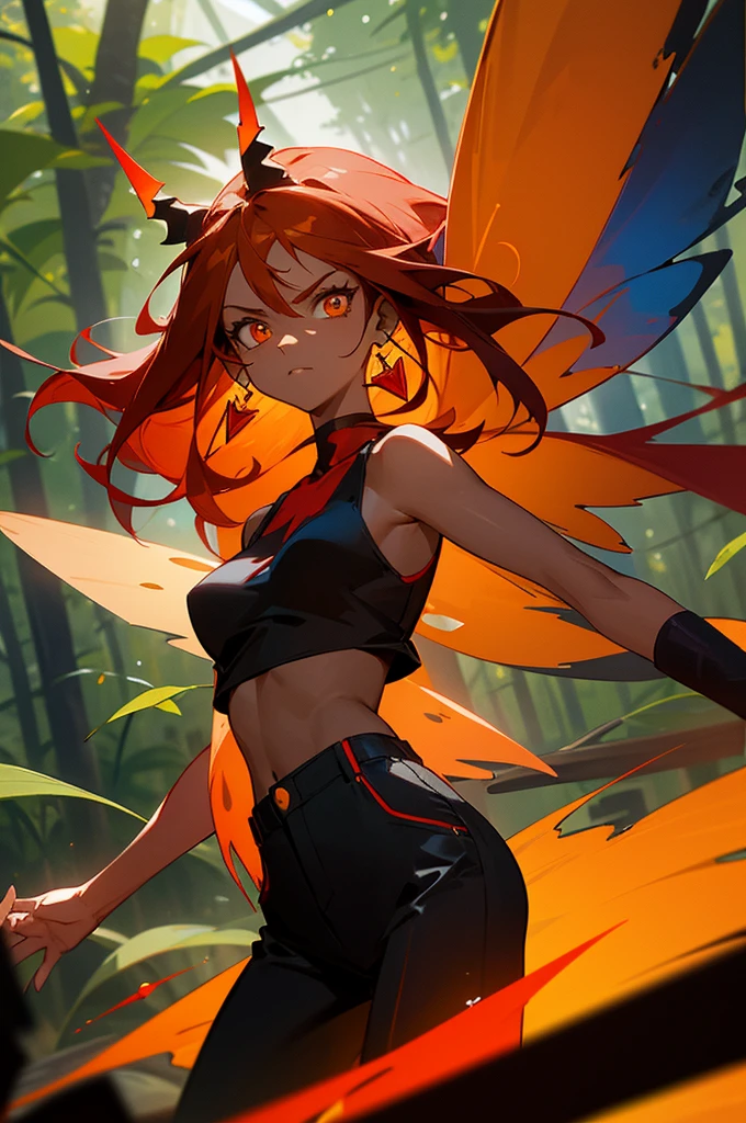 fairy, woman, fairy wings, dark skin, red hair, long hair, orange highlights, yellow horns, red aura,serious face, light yellow eyes, cowboy shot, black tanktop, black pants, red earrings, standing in front of camera, staring at camera, forest background, african american, black skin, red jacket, mature woman,faced towards camera,
