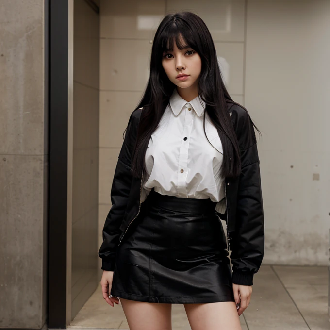 Japanese face, white skin color, long black curvy hair with bangs, big black eyes, long sleeves revealing jacket, skirt, high heeled boots, standing position
