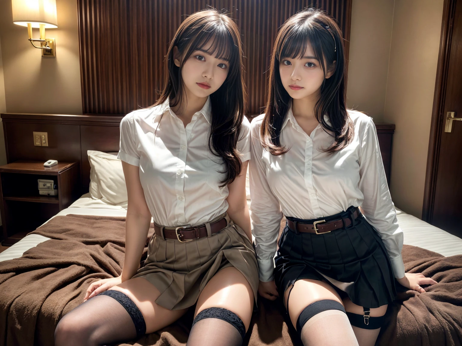 masterpiece, best quality, illustration, Super detailed, fine details, High resolution, 8K,wall paper, perfect dynamic composition,(Details High quality, realistic depiction of eyes:1.3), (2 girls), holster, bobby, Cutter shirt, a belt, suspenders, pleated skirt, garterbelts, knee high Stockings, sitting, open legs, short bob hair, in a hotel room in the background, deep on field, large breasts, black hair color, Big Natural Color Lip, (perfect body shape), crying a little、Harajuku style、20 year old girl、cute type、beautiful legs, Gravure Idol