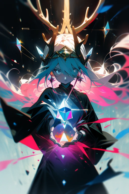 Cold shades，Antler Girl，Black Robe，fortune teller，Holding a crystal ball in one hand，Background ice，Mystical temperament。The details are clear。
