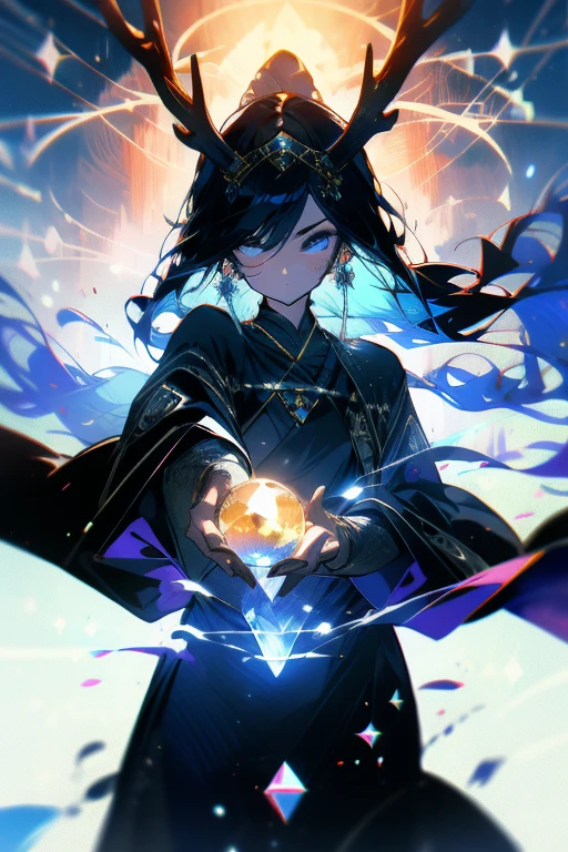 Cold shades，Antler Girl，Black Robe，fortune teller，Holding a crystal ball in one hand，Background ice，Mystical temperament。The details are clear。