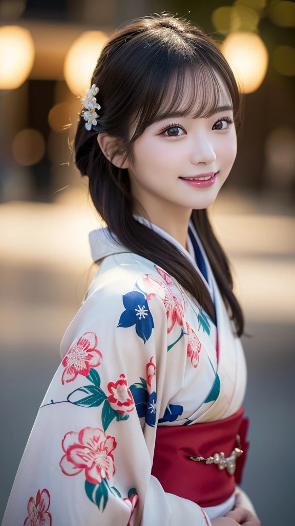 (kimono)、(highest quality、8k、High resolution、masterpiece:1.2)、Very detailed、(Realistic、photoRealistic、photo-Realistic:1.3)、Bokeh、Portraiture、Smile、(Detailed eyes、beautiful girl、Young face、Detailed face、No makeup)、Slightly backlit、Professional Lighting、Caustics