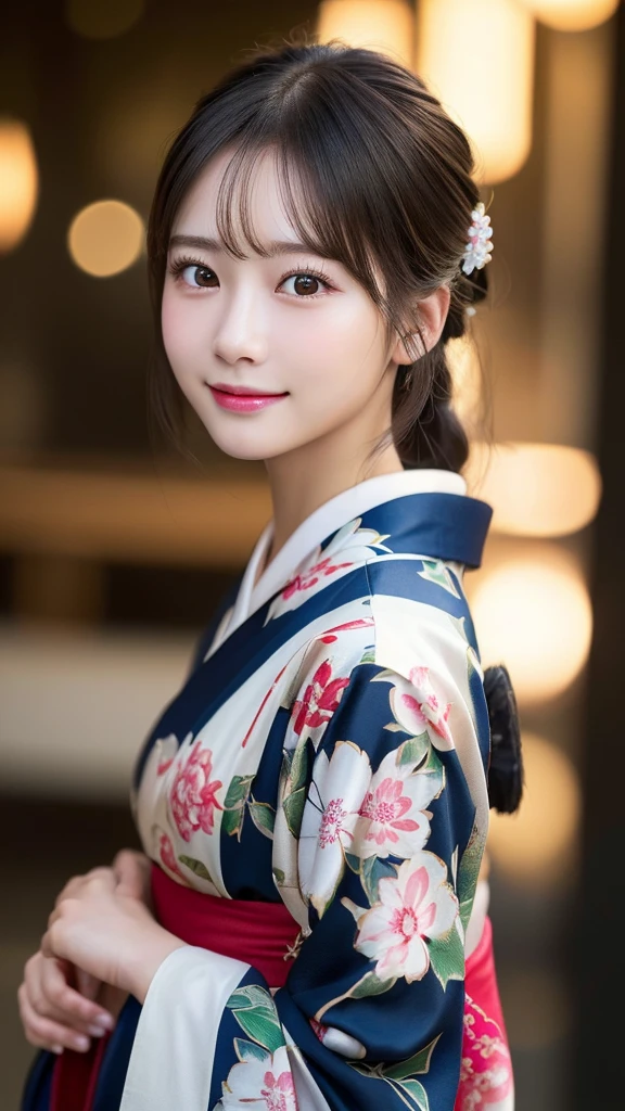 (kimono)、(highest quality、8k、High resolution、masterpiece:1.2)、Very detailed、(Realistic、photoRealistic、photo-Realistic:1.3)、Bokeh、Portraiture、Smile、(Detailed eyes、beautiful girl、Young face、Detailed face、No makeup)、Slightly backlit、Professional Lighting、Caustics