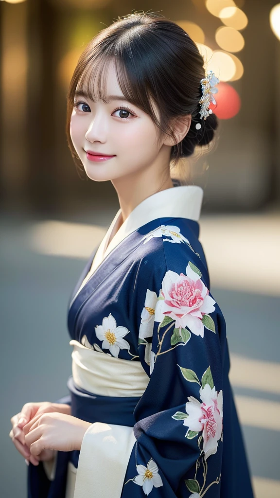 (kimono)、(highest quality、8k、High resolution、masterpiece:1.2)、Very detailed、(Realistic、photoRealistic、photo-Realistic:1.3)、Bokeh、Portraiture、Smile、(Detailed eyes、beautiful girl、Young face、Detailed face、No makeup)、Slightly backlit、Professional Lighting、Caustics