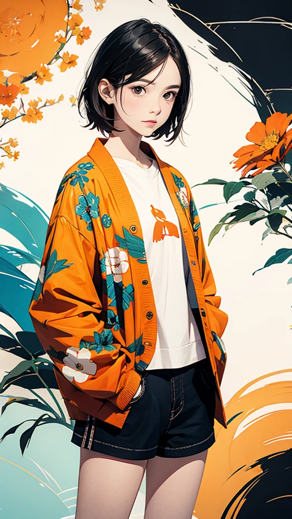 From above, 20-year-old woman, Asymmetrical short hair, Hands in pockets, Coordination of Japanese pattern jacket and micro mini shorts:1.2, Petal Collage, abstract design, artistic juxtapositions, And handle background, warm color, mixed-media approach, Anime Style, Simple lines, Digital Painting, (masterpiece, High resolution, Highest quality)