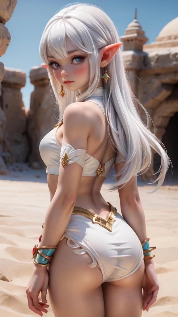 Ariel, upper body portrait, elf, white hair, beautiful, cute skimpy fantasy armor, warrior, midriff, fit, white hair, cowboy shot, rear view looking back, desert background, realistic fantasy ,concept art