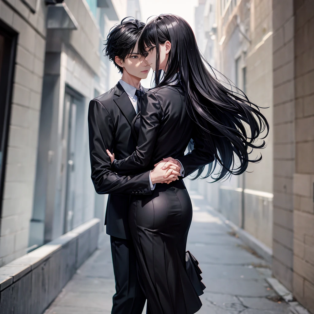 1boy 1girl, black hair, grey eyes, wearing all black suit, holding hands, absurdres, high res, ultrasharp, 8K, masterpiece, looking from behind
