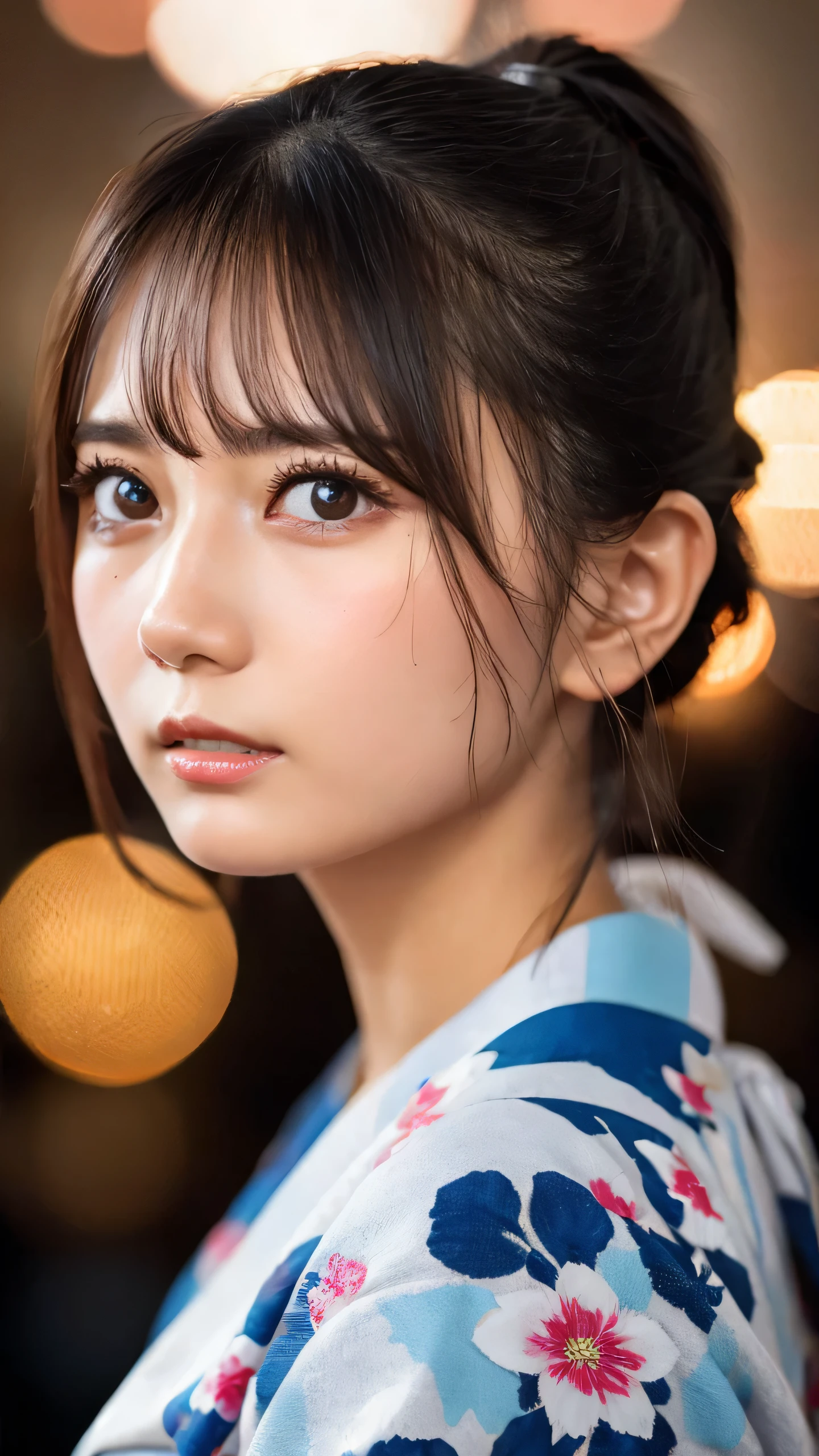 Highest quality, Finer details, (Beautiful single women))), Highly detailed eyes and face, firework, yukata, looking up at firework, ponytail, Large tear bags, double eyelid