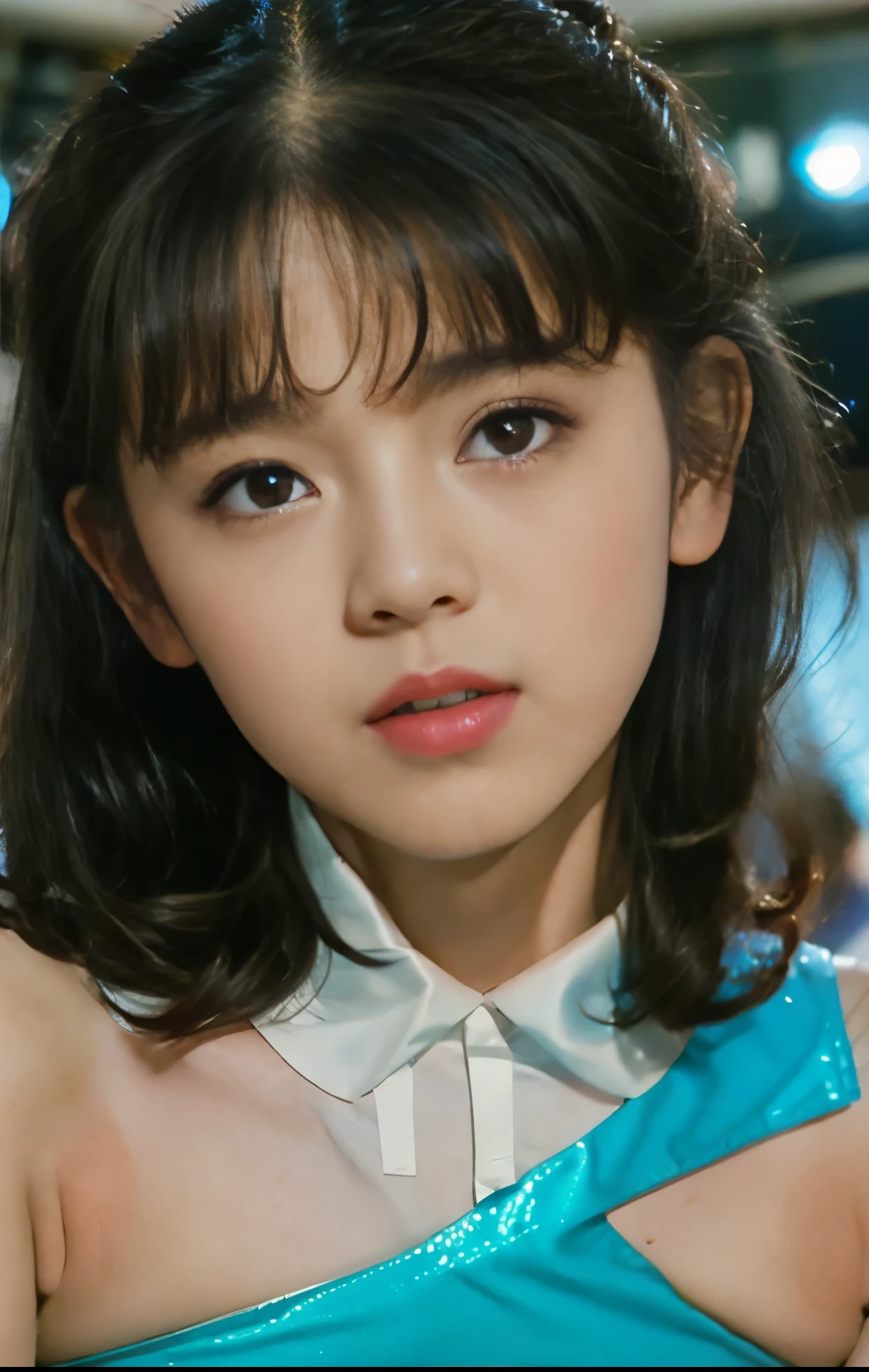 alone、(so beautiful)、(Beautiful Face:1.5)、japanese space、The outline of the pubic area is clear,Spread your legs、White panties、High heels、Putting on makeup、Long wavy brown hair、(Shiny blue short dress)、on stage、(At S.F.W.)