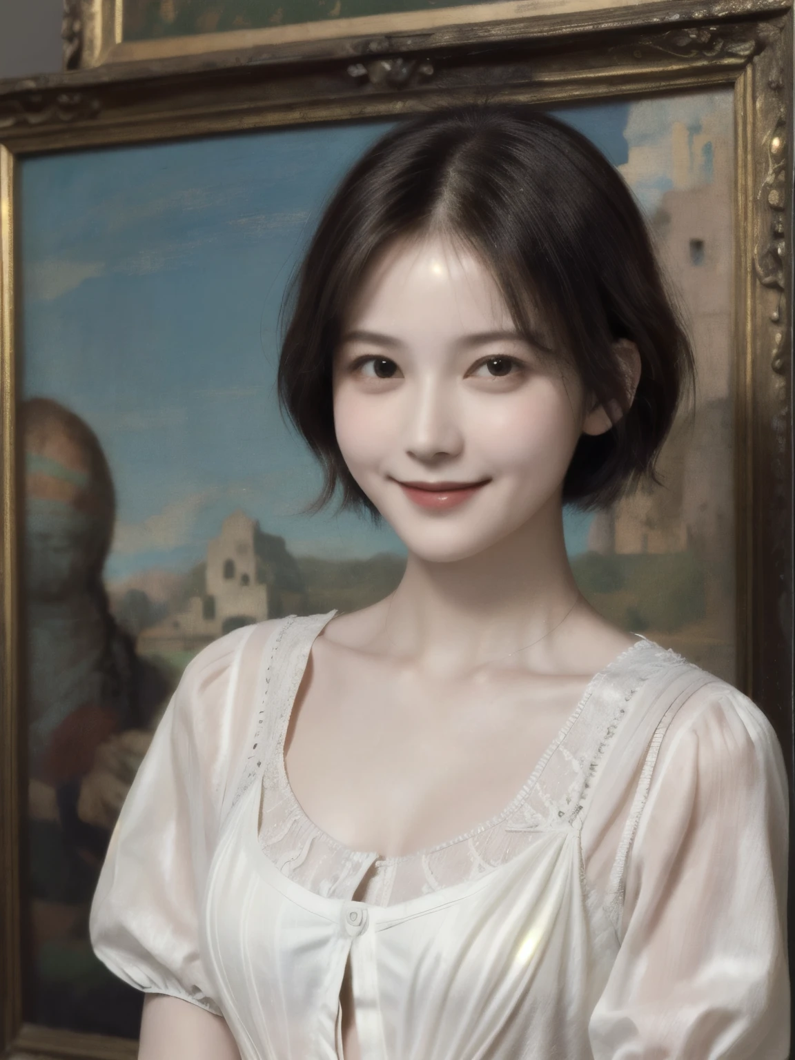 262 20-year-old female,(Short Hair 46),(Genuine,chest:1.5),Old-fashioned smile,(Paintings by Leonardo da Vinci),flower