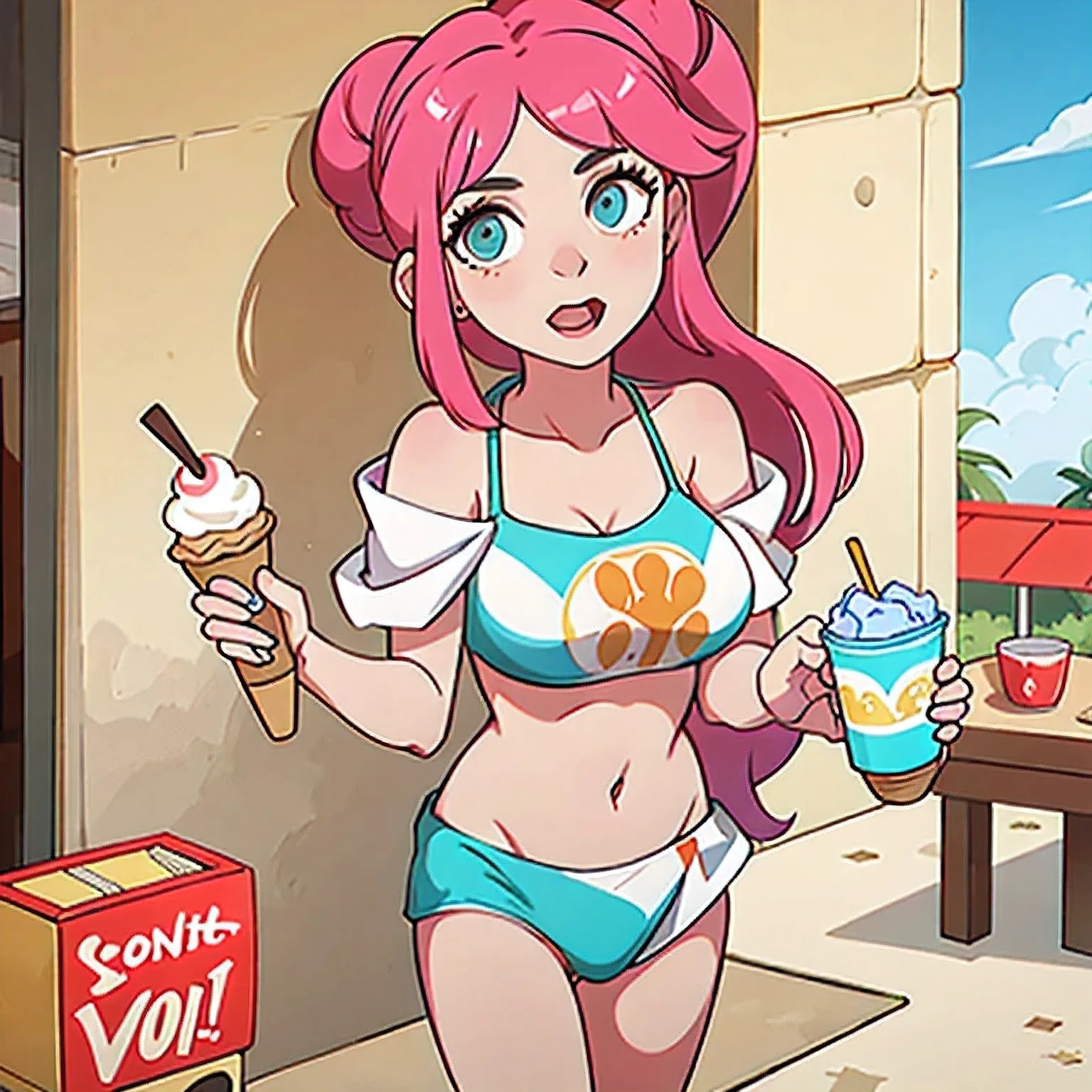 girl in a bikini eating an ice cream cone, eating ice cream, in a bikini, angela white, giorgia meloni, katy perry, in bikini, eating ice - cream, wearing spandex bikini, ice cream on the side, bikini, ice cream, wearing a bikini, candid photo of dirty, shiny plastic bikini, candid shot, cone, 1 girl, solo,in a green dress standing by a wall,portrait of female idol