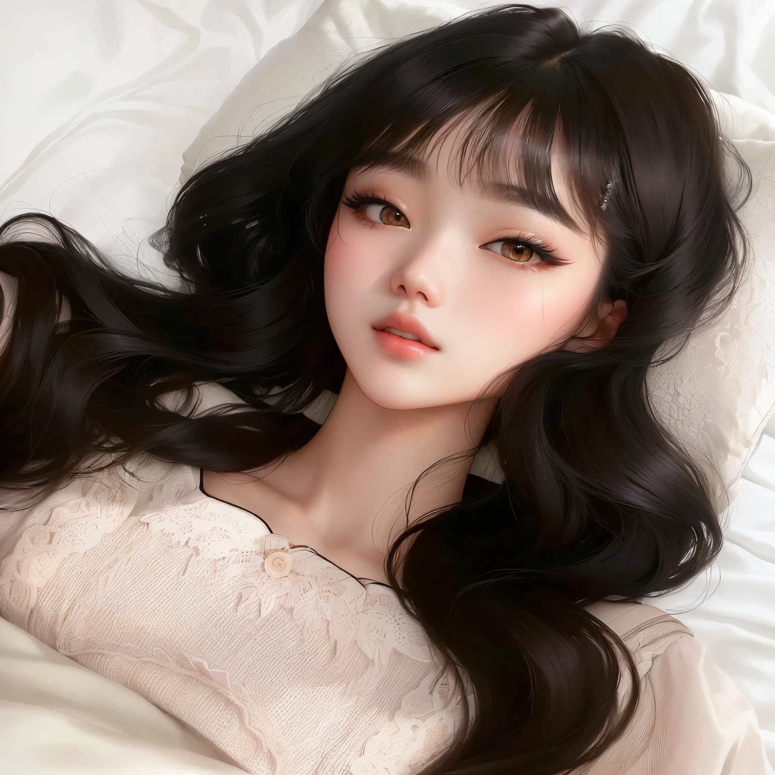 Close-up of a woman lying in bed with a pillow, ulzzang, korean girl, beautiful south korean woman, Beautiful young Korean woman, Young adorable korean face, lalisa manobal, Beautiful young Korean woman, pale korean adorable face, Jinyoung Shin, South Korean popular makeup, beautiful delicate face, beautiful asian girl, Young cute pale asian face