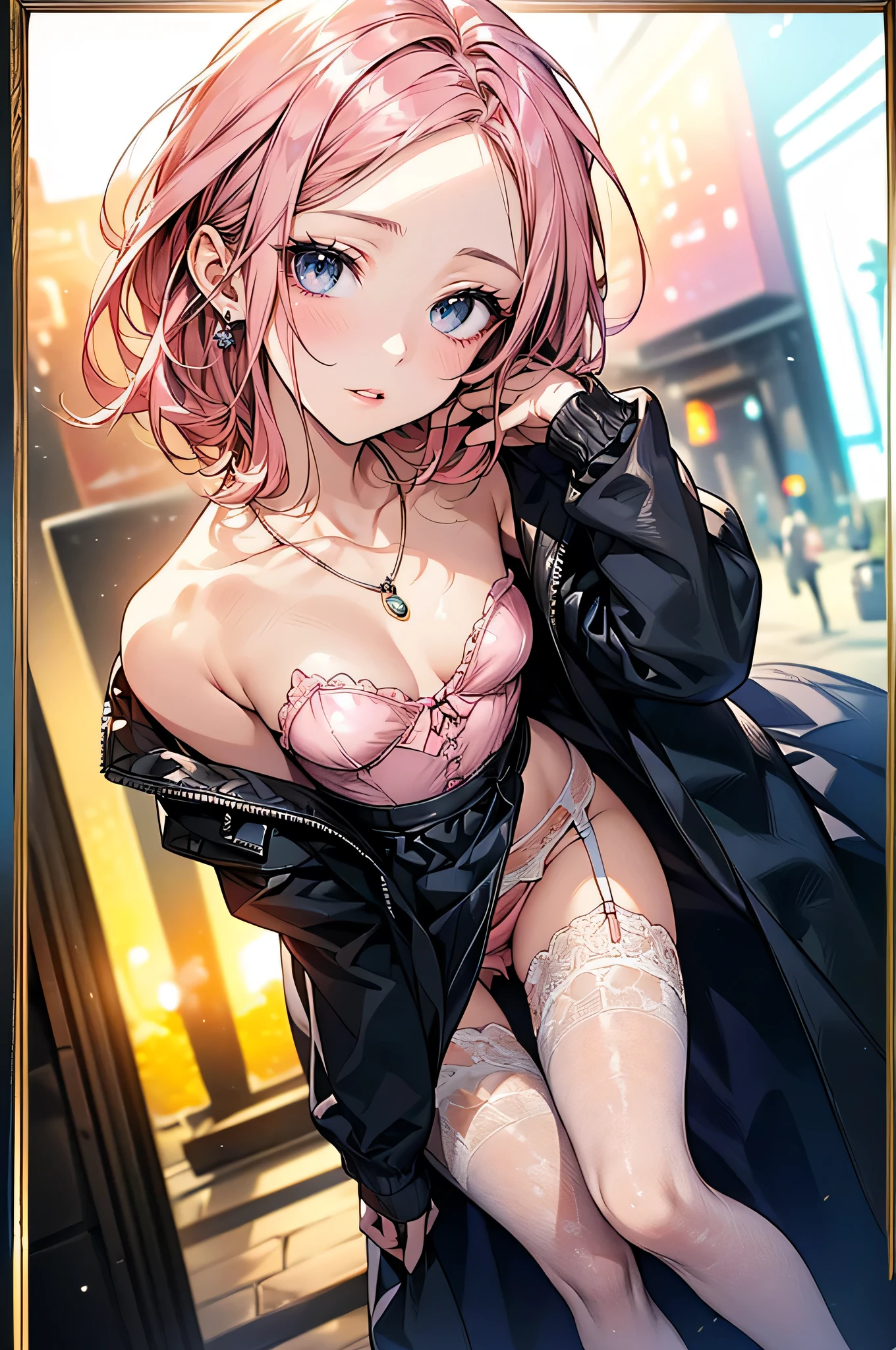 ((Biologically correct limb count))、(( Full-body photo including face))、4K、((Standing position))、masterpiece、((Focus on the face))、((Symmetrical facial features))、Eye for detailed depiction、Beautiful blue-haired woman、Excellent style、Beautiful clavicle、Beautiful feet、Beautiful Hands、Slender body、(stockings、garter belt、High heels)、Detailed depiction of the face、Small earrings、necklace、(rubber jacket、Rubber Skirt)、Lighting High Heels、tie、sunny、(((White frame photo)))、Fascinating、Night street、(Low - Angle、A camera angle that captures the inside of a skirt from below)、gloves、(((Pink Hair)))