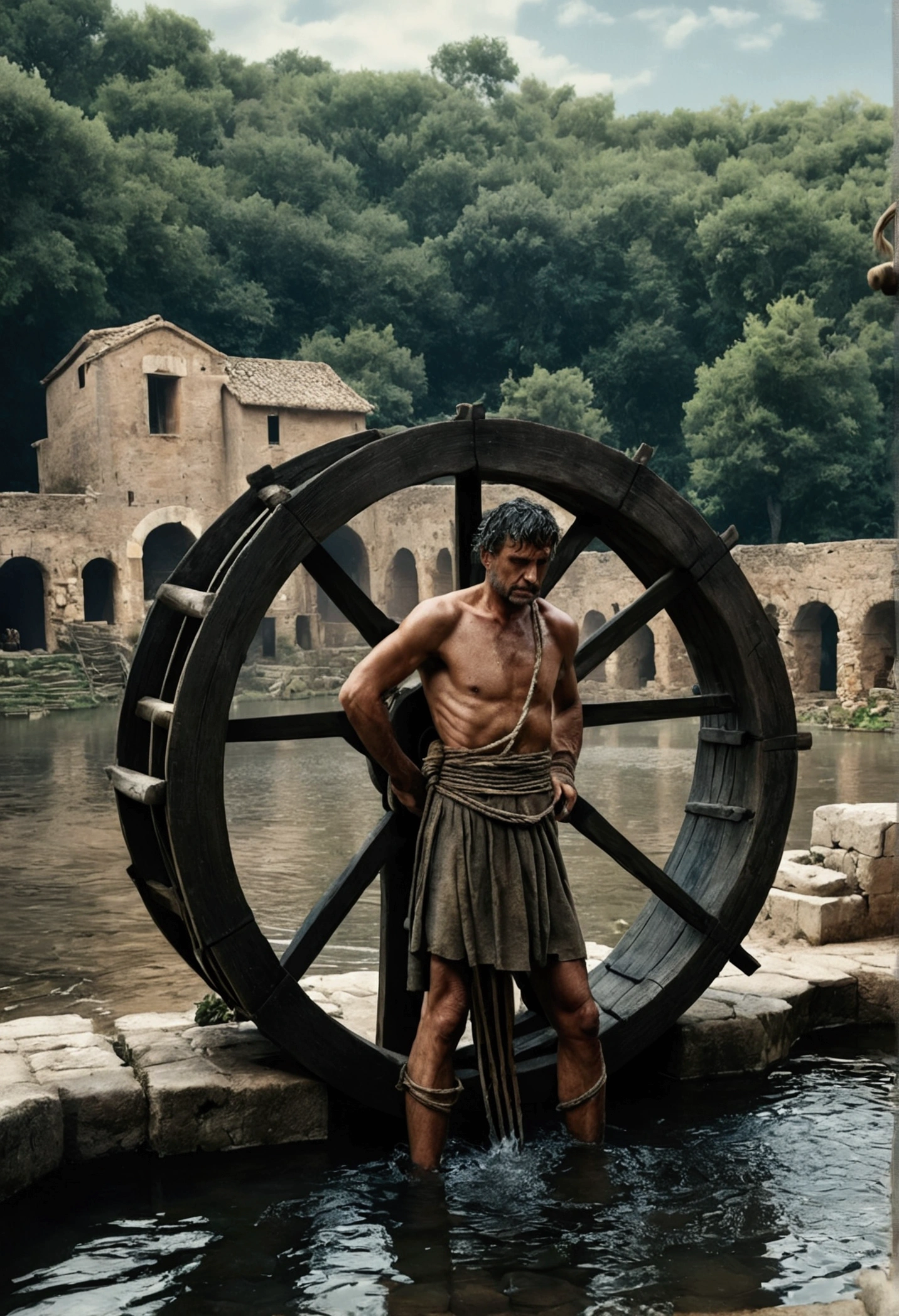 Cinematic image of ancient roman man tied in a water wheel as a punishment 