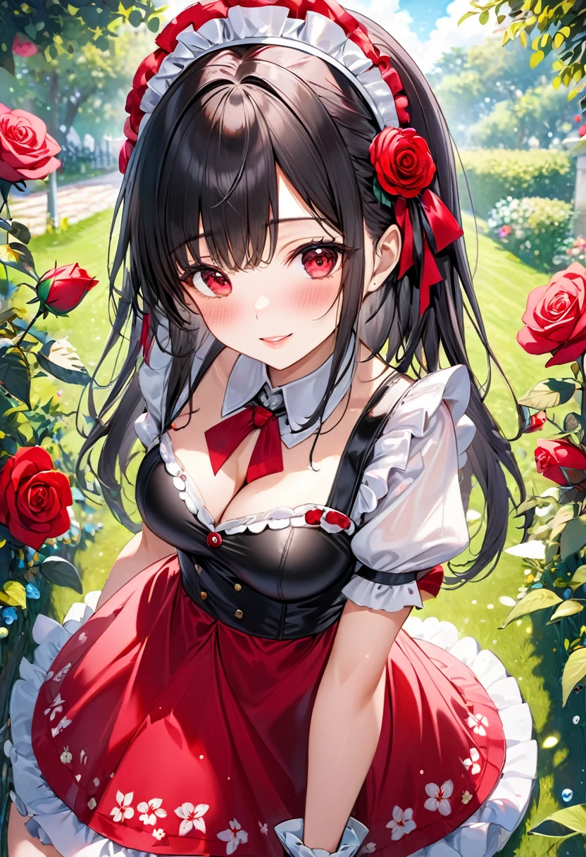 (beautiful sexy style), (pov, solo:2, 18 yo), (beautiful detailed asymmetry bangs:1.5) (beautiful detailed black very hair, long hair) (best sexy sadist lady, best sexy red eyes, glossy lip, best grow sexy smile, blushing face, beautiful sexy big tits), in a immensely beautiful summer red maid dress with exposure rose, break, in the beautiful enchanted garden, background beautiful summer sky, BREAK, perfect anatomy, masterpiece, best quality, beautiful detailed pastel color, daydreaming expression.
