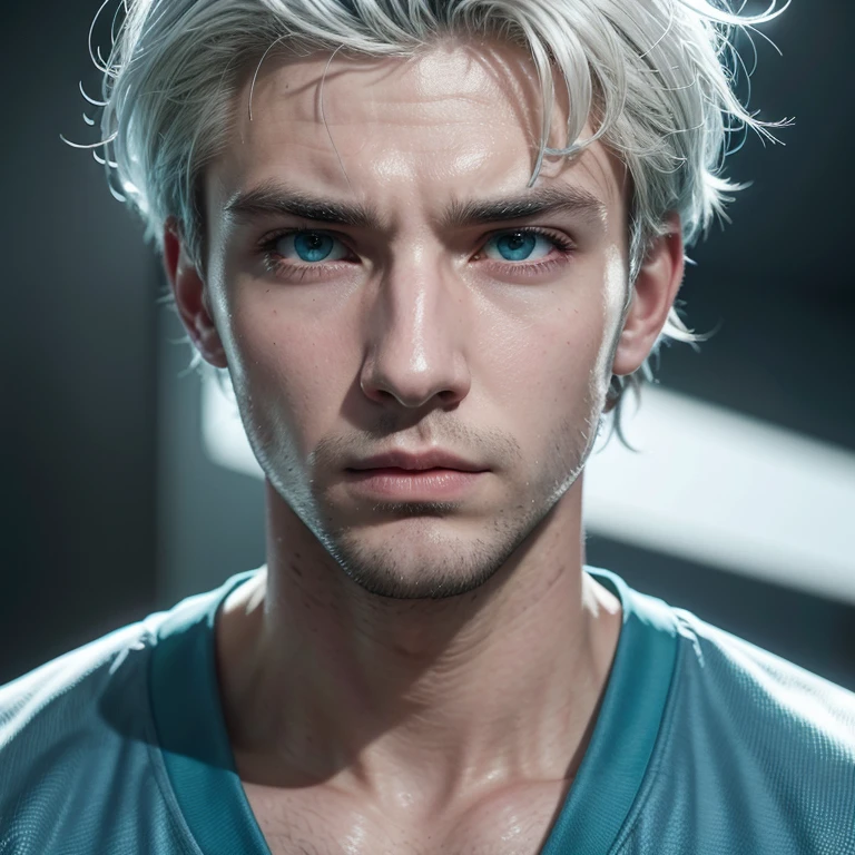 Make a blue lock style image, with a white-haired footballer man, green eyes, sharp features, neck tattoos, deep look and an intimidating aura