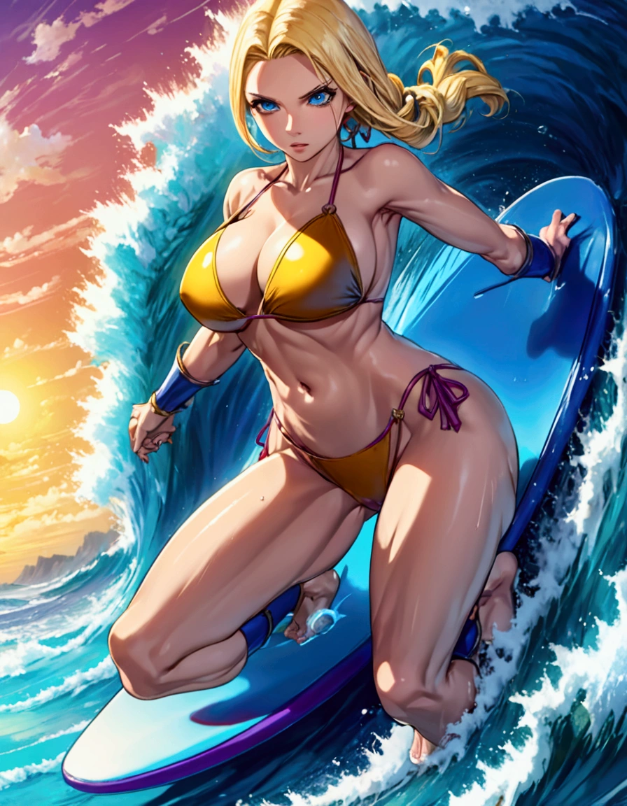 (riding a surfboard)a woman(DBZ Android 18) with blonde hair wearing a sexy bikini, intense gaze, channeling power, riding a surfboard surfing a big wave, highly detailed, hyper realistic, 8k, photorealistic, masterpiece, dramatic lighting, vibrant colors, dynamic composition, intricate details, cinematic, epic scale, powerful energy, dragon ball z inspired (show her entire body, show all of her)