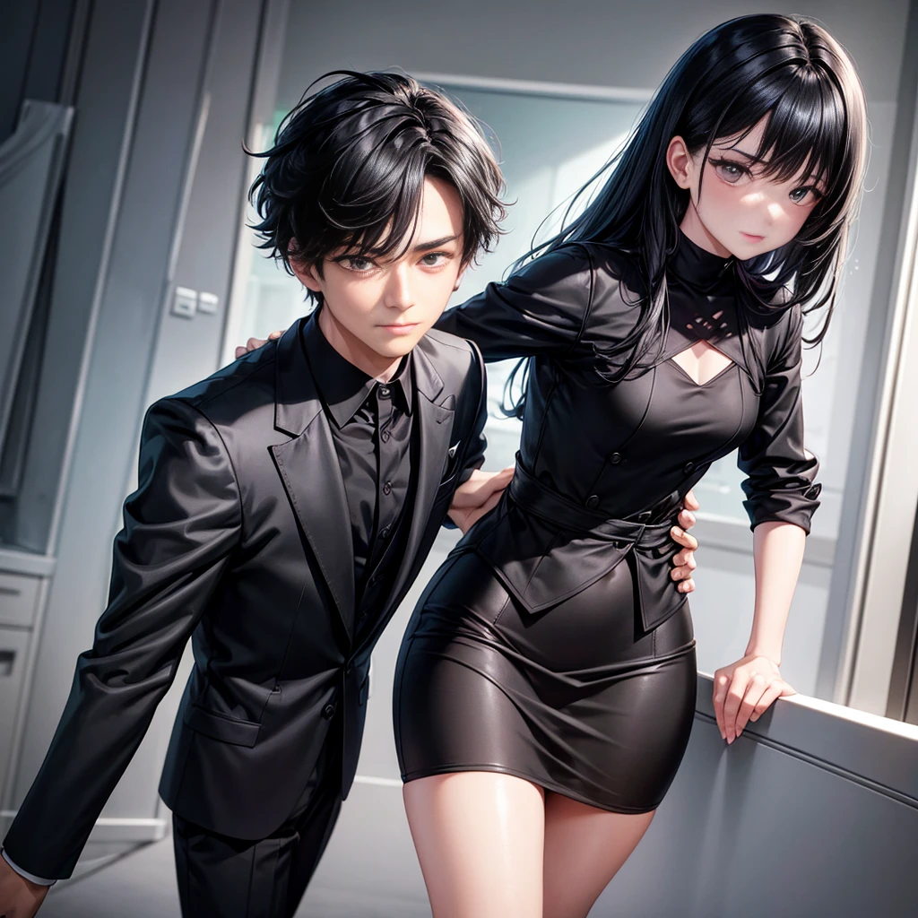 1boy 1girl, black hair, grey eyes, wearing all black suit, cuddle eacht other, absurdres, high res, ultrasharp, 8K, masterpiece, looking from behind
