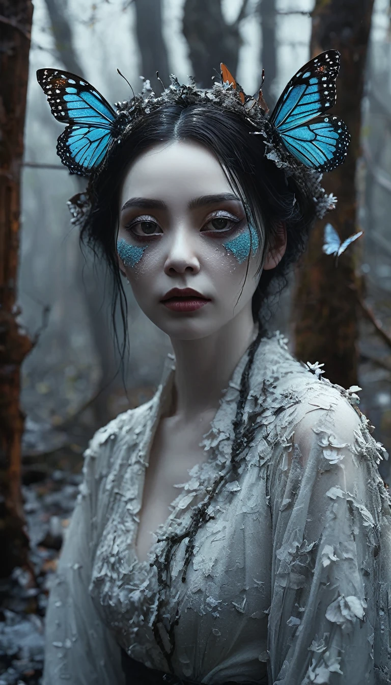 full body length,Quartz Manganite babygirl plays with fairy,pretty face,eyebrow up,full body shot,ominous landscape,Fluorite Wulfenite atmosphere,Simon Stalenhag,Nicola Samori,Wangechi Mutu,prime colors,OLD ORD MANTELL CITY,extremely detailed,masterpiece,intricate details,faded,eyes extremely detailed, high detailed eyes,4k resolution,RAW, Nikon Z9,scary towns stalker,orc,Stone Forest in Yunnan Province of China,(butterfly:1.5),(butterfly theme:1.5),(dark horror theme:1.5),(thriller:1.5),(inspiration from Stephen King:1.5),(dark fantasy:1.5), (ink and watercolor painting:1.5), (black and white color:1.5), 16k, (landscapes:1.5),(A large number of butterflies fly towards the viewer:1.5),(ruined:1.5),(ruined village:1.5),(1800s:1.5), (ruined theme:1.5),(lots of flying butterflies:1.5),(puddle:1.5),(Unpaved roads:1.5),(absurderes:1.5),(fantastic:1.5),(best quality:1.5),(masterpiece:1.5),best quality, ultra-detailed, realistic, portraits, dark and eerie atmosphere, glowing eyes, ethereal presence, hauntingly beautiful, ghostly figures, swirling mists, supernatural entities, demonic essence, shadowy forms, eerie whispers, sinister aura, hauntingly pale skin, dark and twisted branches, flickering candlelight, macabre elements, mysterious and enigmatic, spectral apparitions, gothic art style, hauntingly captivating, spectral realm, hauntingly melancholic, otherworldly beauty, ethereal glow, hauntingly haunting, chilling and atmospheric, eerie and ominous lighting.