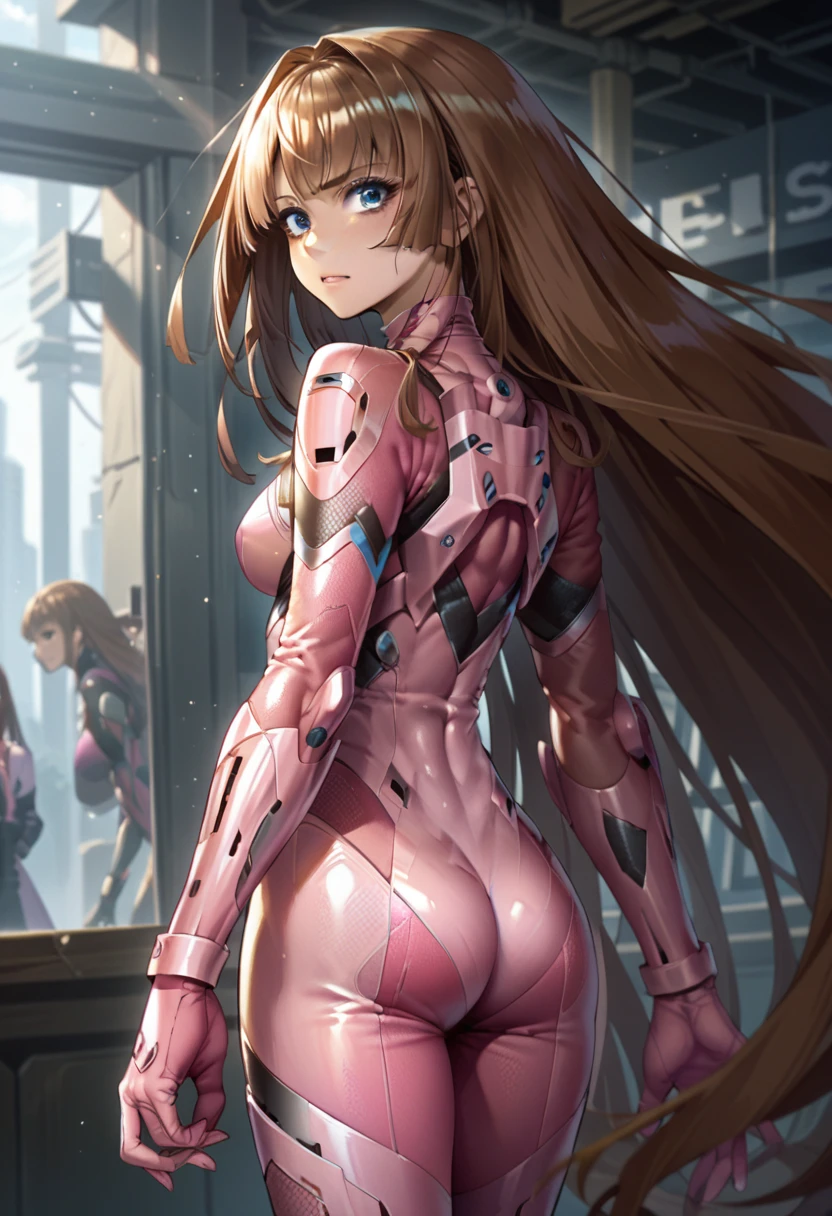 Asuka,impossible bodysuit,pink bodysuit,blue eyes,very long hair,brown hair ,ass ,back view 