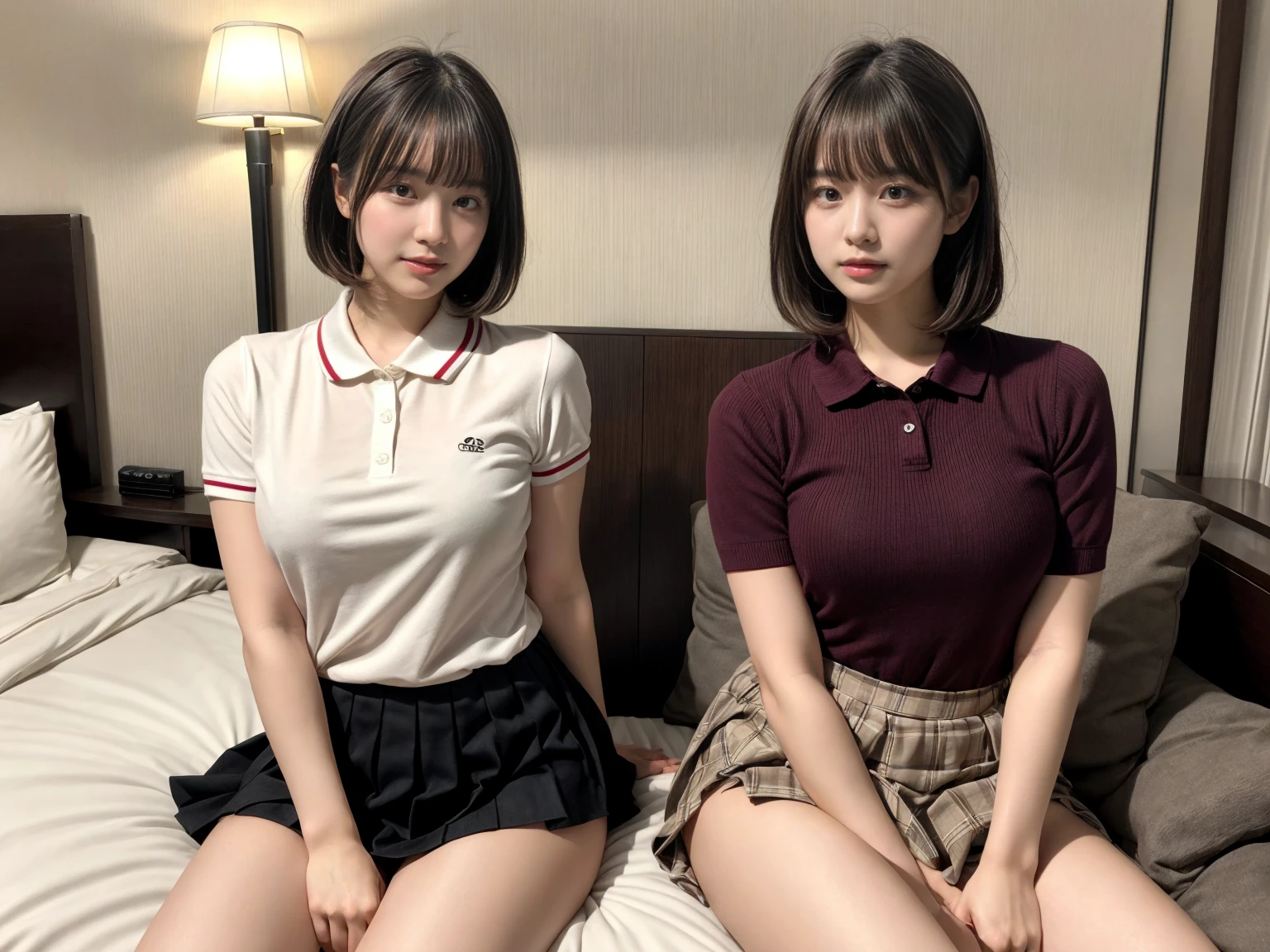 masterpiece, best quality, illustration, Super detailed, fine details, High resolution, 8K,wall paper, perfect dynamic composition,(Details High quality, realistic depiction of eyes:1.3), (2 girls), A tight polo shirt that expresses the roundness and softness of your chest., pleated mini skirt, sitting, open legs, short bob hair, in a hotel room in the background, deep on field, large breasts, black hair color, Big Natural Color Lip, (perfect body shape), crying a little、Harajuku style、20 year old girl、cute type、beautiful legs, Gravure Idol