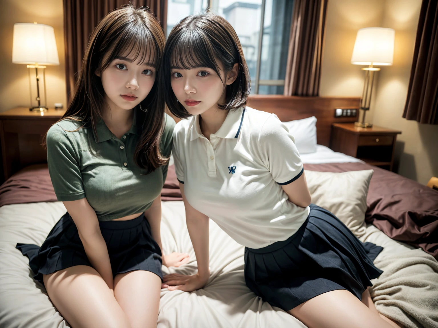 masterpiece, best quality, illustration, Super detailed, fine details, High resolution, 8K,wall paper, perfect dynamic composition,(Details High quality, realistic depiction of eyes:1.3), (2 girls), A tight polo shirt that expresses the roundness and softness of your chest., pleated mini skirt, sitting, open legs, short bob hair, in a hotel room in the background, deep on field, large breasts, black hair color, Big Natural Color Lip, (perfect body shape), crying a little、Harajuku style、20 year old girl、cute type、beautiful legs, Gravure Idol