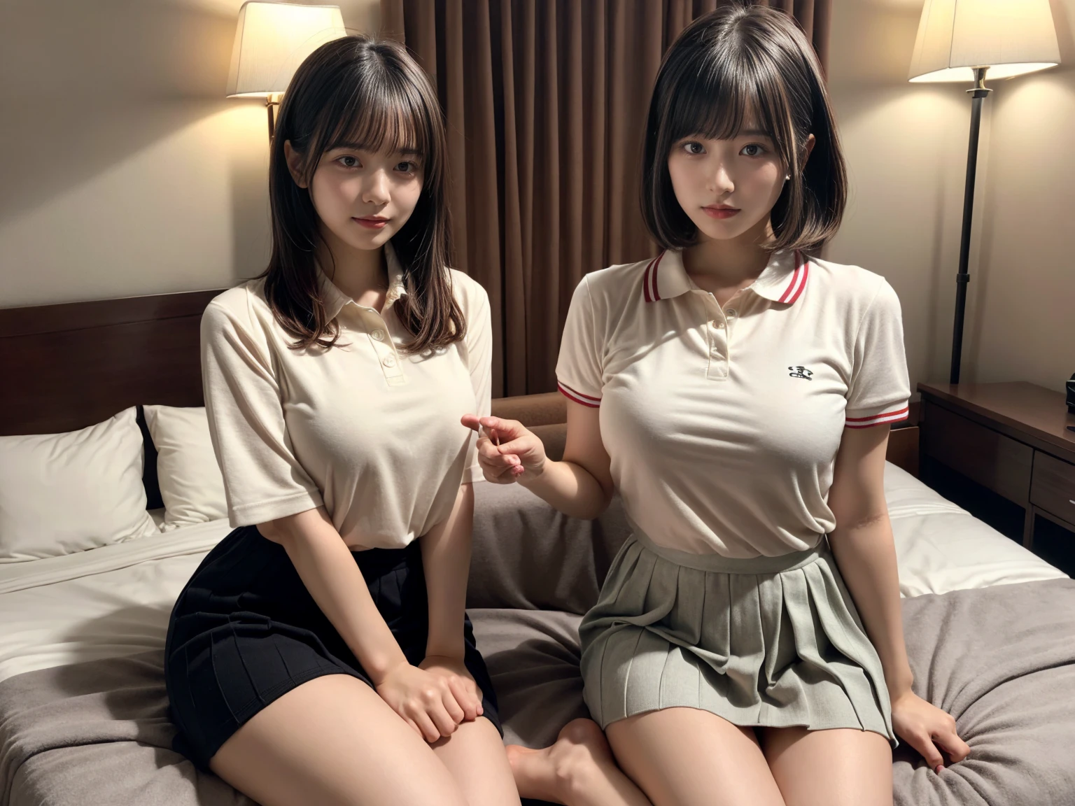 masterpiece, best quality, illustration, Super detailed, fine details, High resolution, 8K,wall paper, perfect dynamic composition,(Details High quality, realistic depiction of eyes:1.3), (2 girls), A tight polo shirt that expresses the roundness and softness of your chest., pleated mini skirt, sitting, open legs, short bob hair, in a hotel room in the background, deep on field, large breasts, black hair color, Big Natural Color Lip, (perfect body shape), crying a little、Harajuku style、20 year old girl、cute type、beautiful legs, Gravure Idol