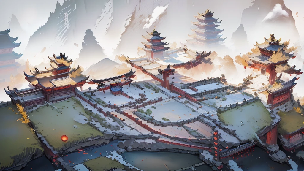 There is a cartoon picture of a landscape with a bridge, Temple Background, background technology, Cora Legend setting, zen Temple Background, odin's stone Arena Background, Onmyoji detailed art, mysterious temple setting, Depicting the background of the temple, background technologywork, Arena Background, G Liulian art style, Gorgeous border + Concept Art, interior background technology