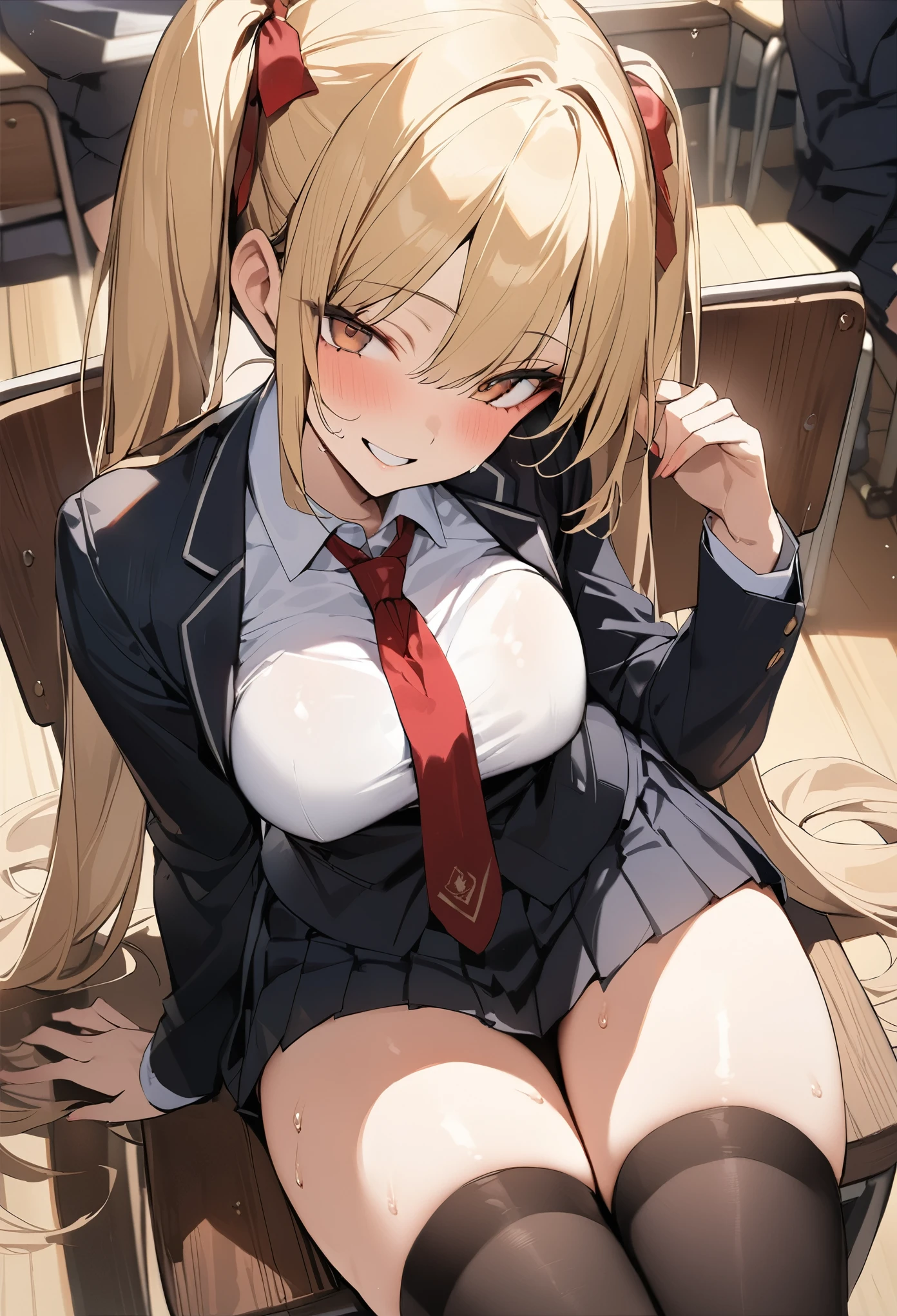 ((masterpiece,best quality anime,Highest quality:1.3)),cowboy shot,Mature Beauty,独奏,1woman,((very small head:1.3)),((ideal ratio body proportions:1.2)),blonde hair,high twin tails,straight long hair,bangs,gorgeous eyes,brown eyes,smile,(Academy制服、Black blazer jacket、Red tie、Black pleated mini skirt),black_thighhighs,((slender body,skinny)),medium breasts,sweat,gleaming skin,shiny skin,sitting,Simple chair、Simple desk、classroom、Academy、Modern Tokyo、
