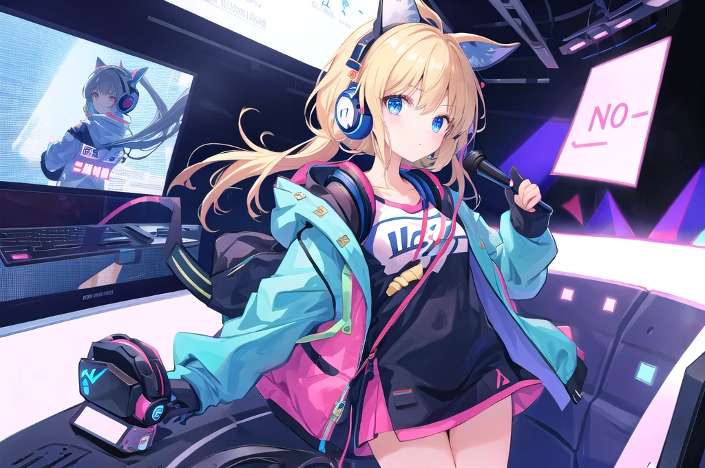 She is wearing headphones、I'm lying face down on the bed、I'm relaxing with my eyes closed、You can see the beautiful night sky from the window.、Colorful colors、Moon and shooting star、Age 25、Looking down、