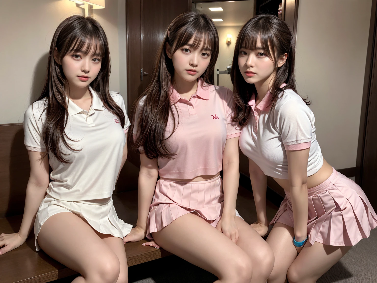 masterpiece, best quality, illustration, Super detailed, fine details, High resolution, 8K,wall paper, perfect dynamic composition,(Details High quality, realistic depiction of eyes:1.3), (2 girls), BREAK (white theme:1.4), (tucked-out short sleeve white polo shirt:1.4), (pink lines on tops outline:1.3), (pure white pleated mini skirt:1.3), (hem of top covers top half of skirt:1.3), (pink fluffy scrunchie on wrist:1.3), (white and pink sports shoes:1.2), sitting, open legs, short bob hair, in a hotel room in the background, deep on field, large breasts, black hair color, Big Natural Color Lip, (perfect body shape), crying a little、Harajuku style、20 year old girl、cute type、beautiful legs, Gravure Idol