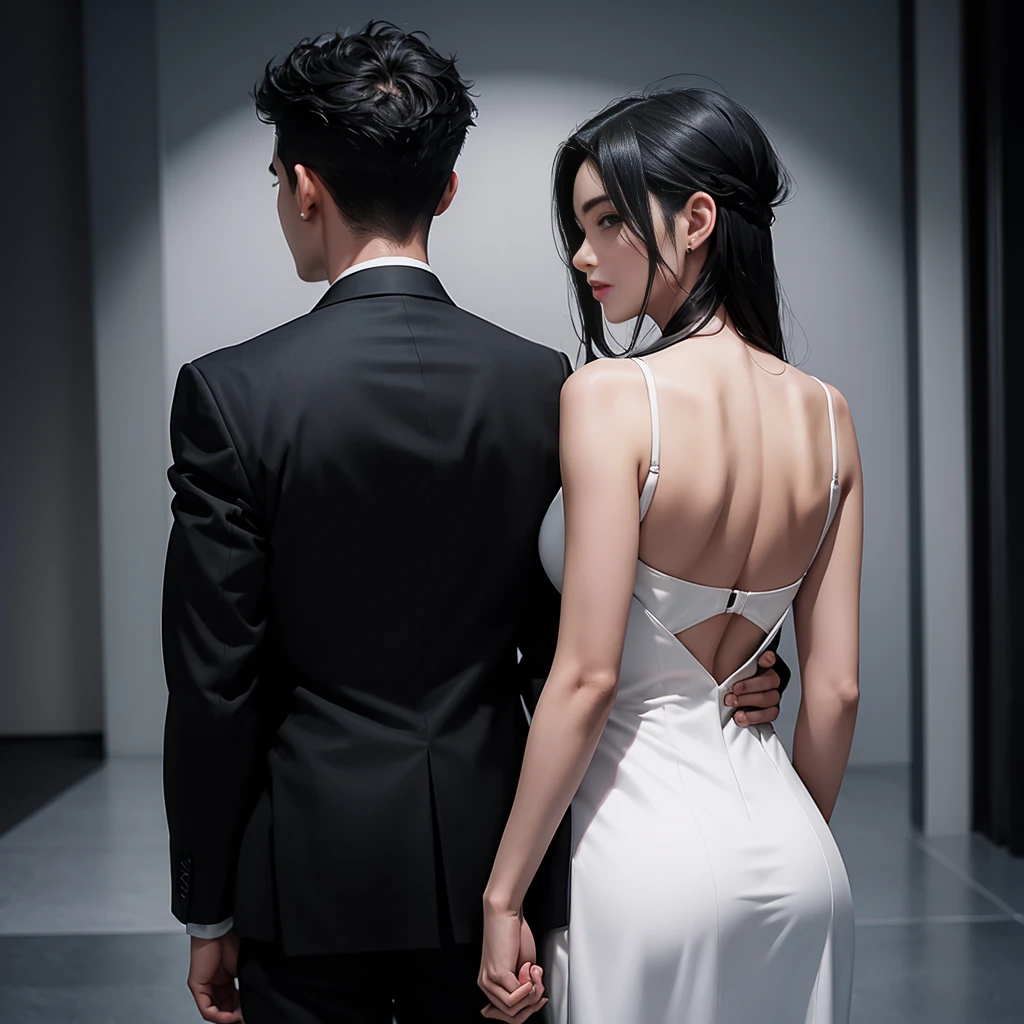1boy 1girl, black hair, grey eyes, wearing all black suit, cuddle eacht other, absurdres, high res, ultrasharp, 8K, masterpiece, looking from behind