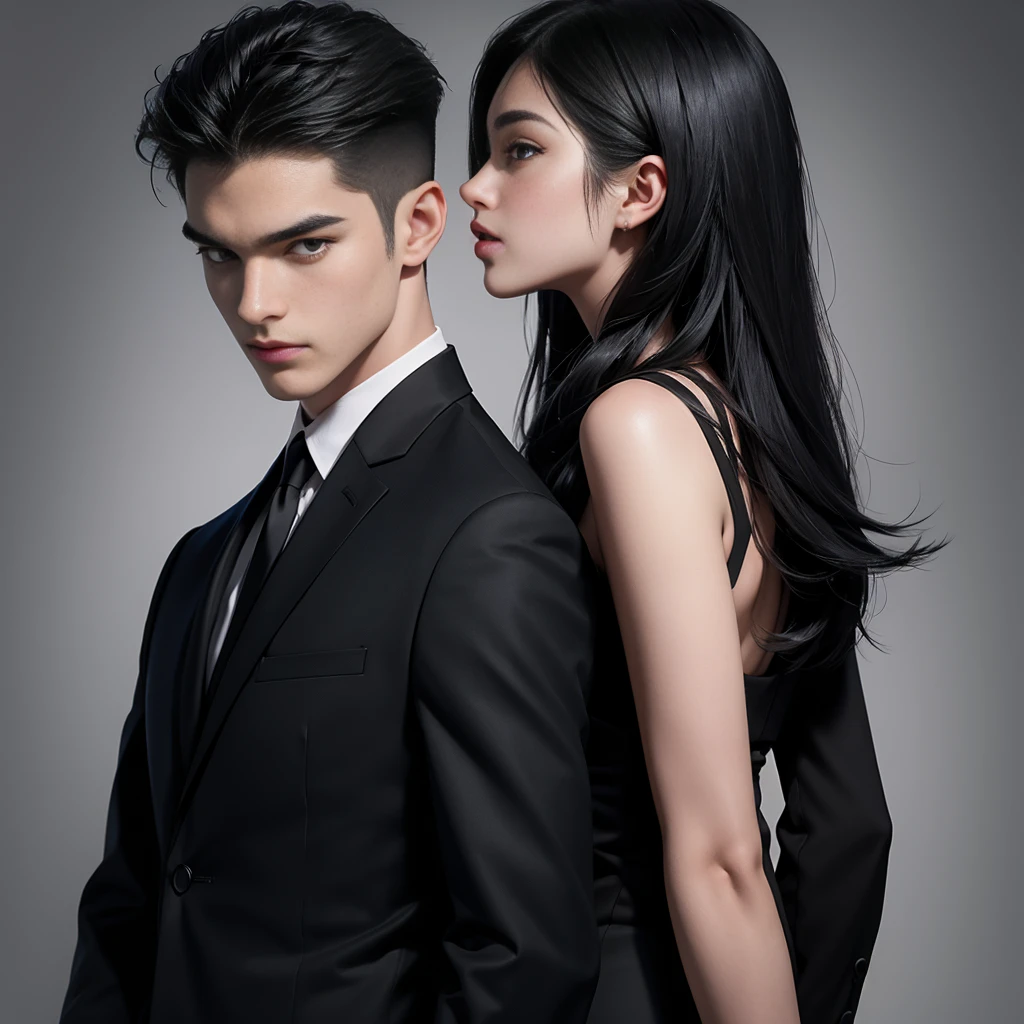 1boy 1girl, black hair, grey eyes, wearing all black suit, cuddle eacht other, absurdres, high res, ultrasharp, 8K, masterpiece, looking from behind