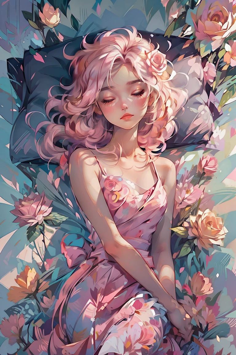 shui001,1girl, solo, flower, dress, blonde hair, closed eyes, pink flower, rose, lying, white dress, pink rose, on back, lips, makeup, sleeveless, floral print