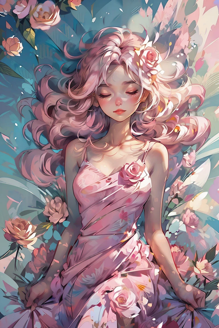 shui001,1girl, solo, flower, dress, blonde hair, closed eyes, pink flower, rose, lying, white dress, pink rose, on back, lips, makeup, sleeveless, floral print